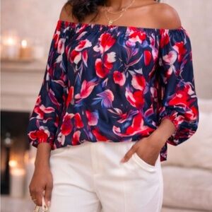 BXC Pink White Blue Chiffon Sheer Sleeve Floral Off Shoulder Top Blouse NWT XL